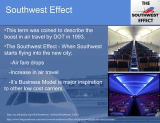 Southwest Effect This term was coined to describe the boost in air travel by DOT in 1993.  The Southwest Effect - When Southwest starts flying into the new city;  -Air fare drops  -Increase in air travel  -It’s Business Model is major inspiration to other low cost carriers  http://en.wikipedia.org/wiki/Southwest_Airlines#Southwest_Effect http://www.blogsouthwest.com/news/a-word-southwest-effect-david-m-rowell-aka-the-travel-insider 