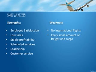 SWOT ANALYSIS 
Strengths: 
• Employee Satisfaction 
• Low fares 
• Stable profitability 
• Scheduled services 
• Leadership 
• Customer service 
Weakness 
• No international flights 
• Carry small amount of 
freight and cargo 
 