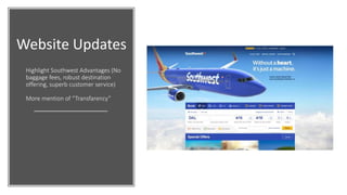 Highlight Southwest Advantages (No
baggage fees, robust destination
offering, superb customer service)
More mention of “Transfarency”
Website Updates
 