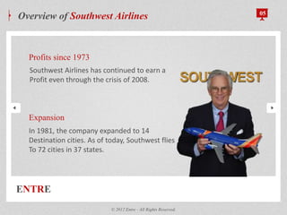 ENTRE
Overview of Southwest Airlines 05
Profits since 1973
Expansion
© 2012 Entre - All Rights Reserved.
In 1981, the company expanded to 14
Destination cities. As of today, Southwest flies
To 72 cities in 37 states.
Southwest Airlines has continued to earn a
Profit even through the crisis of 2008.
 
