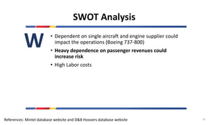 SWOT Analysis
• Dependent on single aircraft and engine supplier could
impact the operations (Boeing 737-800)
• Heavy dependence on passenger revenues could
increase risk
• High Labor costs
W
References: Mintel database website and D&B Hoovers database website 10
 