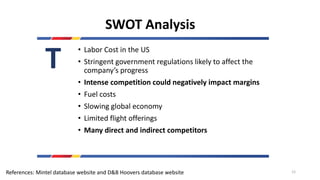 SWOT Analysis
T
• Labor Cost in the US
• Stringent government regulations likely to affect the
company’s progress
• Intense competition could negatively impact margins
• Fuel costs
• Slowing global economy
• Limited flight offerings
• Many direct and indirect competitors
References: Mintel database website and D&B Hoovers database website 12
 