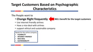 Target Customers Based on Psychographic
Characteristics
The People want to
• Change flight frequently
• Use internet friendly airlines
• Have a nice deal with airlines
• support ethical and sustainable company
Needs for the airline company
• FLEXIBILITY
• INTERNET FRIENDLY
• NICE DEAL
• SUSTAINABILITY
NO.1 benefit for the target customers
17
 