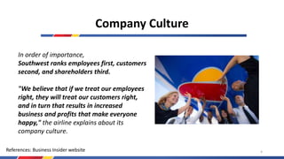 Company Culture
In order of importance,
Southwest ranks employees first, customers
second, and shareholders third.
"We believe that if we treat our employees
right, they will treat our customers right,
and in turn that results in increased
business and profits that make everyone
happy," the airline explains about its
company culture.
References: Business Insider website 4
 