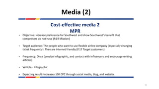 Media (2)
Cost-effective media 2
MPR
• Objective: Increase preference for Southwest and show Southwest’s benefit that
competitors do not have (P.19 Mission)
• Target audience: The people who want to use flexible airline company (especially changing
ticket frequently). They are internet friendly (P.17 Target customers)
• Frequency: Once (provide infographic, and contact with influencers and encourage writing
articles)
• Vehicles: Infographic
• Expecting result: Increases 10K CPC through social media, blog, and website
52
 