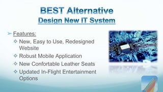 ➢Features: 
✧ New, Easy to Use, Redesigned 
Website 
✧ Robust Mobile Application 
✧ New Confortable Leather Seats 
✧ Updated In-Flight Entertainment 
Options 
 