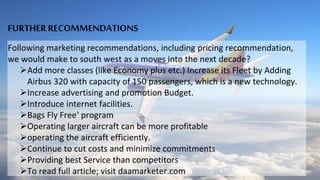 FURTHER RECOMMENDATIONS
Following marketing recommendations, including pricing recommendation,
we would make to south west as a moves into the next decade?
Add more classes (like Economy plus etc.) Increase its Fleet by Adding
Airbus 320 with capacity of 150 passengers, which is a new technology.
Increase advertising and promotion Budget.
Introduce internet facilities.
Bags Fly Free‛ program
Operating larger aircraft can be more profitable
operating the aircraft efficiently.
Continue to cut costs and minimize commitments
Providing best Service than competitors
To read full article; visit daamarketer.com
 