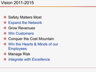  Safety Matters Most
 Expand the Network
 Grow Revenues
 Win Customers
 Conquer the Cost Mountain
 Win the Hearts & Minds of our
Employees
 Manage Risk
 Integrate with Excellence
Vision 2011-2015
 