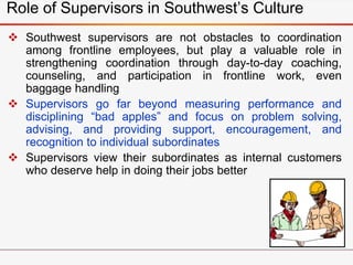 Role of Supervisors in Southwest’s Culture
 Southwest supervisors are not obstacles to coordination
among frontline employees, but play a valuable role in
strengthening coordination through day-to-day coaching,
counseling, and participation in frontline work, even
baggage handling
 Supervisors go far beyond measuring performance and
disciplining “bad apples” and focus on problem solving,
advising, and providing support, encouragement, and
recognition to individual subordinates
 Supervisors view their subordinates as internal customers
who deserve help in doing their jobs better
 