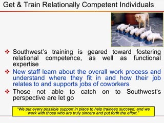  Southwest’s training is geared toward fostering
relational competence, as well as functional
expertise
 New staff learn about the overall work process and
understand where they fit in and how their job
relates to and supports jobs of coworkers
 Those not able to catch on to Southwest’s
perspective are let go
Get & Train Relationally Competent Individuals
“We put every possible support in place to help trainees succeed, and we
work with those who are truly sincere and put forth the effort.”
 