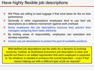  SW Pilots are willing to load luggage if that what takes for the on time
performance
 Generally in other organizations employees tend to use their job
descriptions as a defence mechanism against work overload.
 Some employees like job descriptions because they prevent their
managers assigning them tasks arbitrarily.
 By limiting areas of responsibility, employees can specialize and
develop expertise.
 Unions use job descriptions to protect the pool of available positions.
Have highly flexible job descriptions
Well-defined job descriptions are too static for a dynamic & evolving
economy. Instead, at Southwest everyone’s job description is clear and
specific but there is an added requirement that each employee is expected
to “do whatever is needed to enhance the overall operation – even if that
means helping out with a different type of job as required”
 