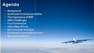 Agenda
•
•
•
•
•
•
•
•
•

Background
Southwest Vs American Airline
The Importance of BWI
BWI’s Challenges
F110 Turnaround
Value Map of F110
Key Customer Interface
Southwest Control Mechanisms
Recommendations

 