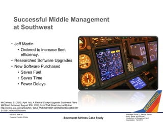 Successful Middle Management at SouthwestJeff MartinOrdered to increase fleet efficiency.Researched Software UpgradesNew Software PurchasedSaves FuelSaves TimeFewer DelaysSouthwest Airlines Case Study9-2-2010, Slide 25McCartney, S. (2010, April 1st). A Radical Cockpit Upgrade Southwest Fliers Will Feel. Retrieved August 30th, 2010, from Wall Street Journal Online: http://online.wsj.com/article/NA_WSJ_PUB:SB10001424052702303338304575155813404043090.htmlPresenter: Sandra Whitler