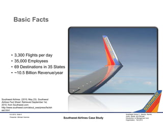 Basic Facts3,300 Flights per day35,000 Employees69 Destinations in 35 States~10.5 Billion Revenue/yearSouthwest Airlines Case Study9-2-2010, Slide 6Southwest Airlines. (2010, May 23). Southwest Airlines Fact Sheet. Retrieved September 1st, 2010, from Southwest.com: http://www.southwest.com/about_swa/press/factsheet.htmlPresenter: Michael Hammer