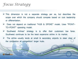 Focus Strategy
 This dimension is not a separate strategy per se, but describes the
scope over which the company should compete based on cost leadership
or differentiation.
 Does not depend on traditional “HUB & SPOKE” model. Uses “POINT-
TO-POINT” operating model.
 Southwest Airlines’ strategy is to offer their customers low fares.
Southwest continues to be the least expensive airline in its market.
 The airline usually lands at small & secondary airports to steer clear of
the congestion at competitors' larger hubs.
 