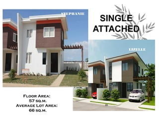 STEPHANIE




                                LIZELLE




   Floor Area:
     57 sq.m.
Average Lot Area:
     66 sq.m.
 