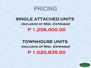 PRICING
SINGLE ATTACHED UNITS
 (inclusive of Misc. Expenses)

    P 1,256,000.00

  TOWNHOUSE UNITS
 (inclusive of Misc. Expenses)

    P 1,020,835.00
 