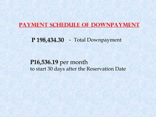 PAYMENT SCHEDULE OF DOWNPAYMENT

   P 198,434.30 - Total Downpayment


  P16,536.19 per month
  to start 30 days after the Reservation Date
 