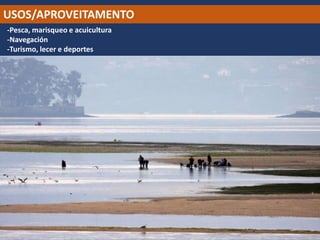USOS/APROVEITAMENTO
-Pesca, marisqueo e acuicultura
-Navegación
-Turismo, lecer e deportes
 