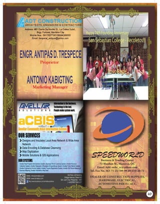 SPEEDWORLDBusiness & Trading Center
72 Mauban St., Manresa, QC
Email Add: swbc_rc@yahoo.com
Tel./Fax No. 363-71-25/709-99-89/410-20-71
DEALER OF CONSTRUCTION SUPPLIES,
HARDWARE, ELECTRICAL,
AUTOMOTIVE PARTS / ACC.
49
 