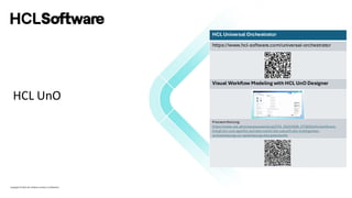 Copyright © 2022 HCL Software Limited | Confidential
Vor 19 Jahren – UBA:
https://www.youtube.com/watch?v=AIOqOxI0K_I
HCL UnO
HCL Universal Orchestrator
https://www.hcl-software.com/universal-orchestrator
Visual Workflow Modeling with HCL UnO Designer
Pressemitteilung:
https://www.ots.at/presseaussendung/OTS_20250508_OTS0204/hclsoftware-
bringt-hcl-uno-agentic-auf-den-markt-die-zukunft-der-intelligenten-
orchestrierung-zur-optimierung-des-geschaefts
 