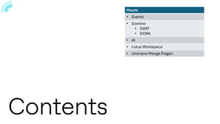 Heute
• Events
• Domino
• DART
• DORA
• AI
• Lotus Workspace
• Und eine Menge Fragen
 