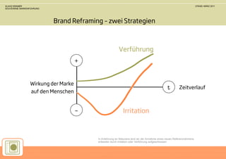 KLAAS KRAMER                                                                                                        STAND: MÄRZ 2011
SOUVERÄNE MARKENFÜHRUNG




                          Brand Reframing – zwei Strategien



                                                       Verführung
                                    +


                Wirkung der Marke
                                                                                             t       Zeitverlauf
                 auf den Menschen


                                    –                      Irritation



                                        In Anlehnung an Maturana sind wir der Annahme eines neuen Referenzrahmens
                                        entweder durch Irritation oder Verführung aufgeschlossen
 