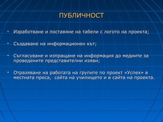 ПУБЛИЧНОСТ

   Изработване и поставяне на табели с логото на проекта;

   Създаване на информационен кът;

   Съгласуване и изпращане на информация до медиите за
    проведените представителни изяви;

   Отразяване на работата на групите по проект «Успех» в
    местната преса, сайта на училището и в сайта на проекта.
 