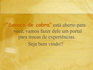 “ Sovaco de cobra”   está aberto para você, vamos fazer dele um portal para trocas de experiências.  Seja bem vindo!! 
