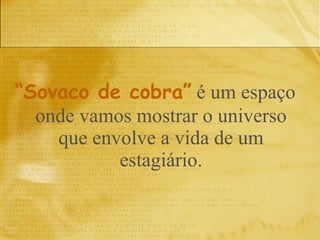 “ Sovaco de cobra”   é um espaço onde vamos mostrar o universo que envolve a vida de um estagiário. 