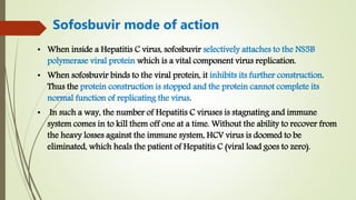 • When inside a Hepatitis C virus, sofosbuvir selectively attaches to the NS5B
polymerase viral protein which is a vital component virus replication.
• When sofosbuvir binds to the viral protein, it inhibits its further construction.
Thus the protein construction is stopped and the protein cannot complete its
normal function of replicating the virus.
• In such a way, the number of Hepatitis C viruses is stagnating and immune
system comes in to kill them off one at a time. Without the ability to recover from
the heavy losses against the immune system, HCV virus is doomed to be
eliminated, which heals the patient of Hepatitis C (viral load goes to zero).
Sofosbuvir mode of action
 
