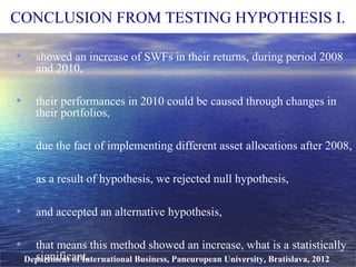 • showed an increase of SWFs in their returns, during period 2008
and 2010,
• their performances in 2010 could be caused through changes in
their portfolios,
• due the fact of implementing different asset allocations after 2008,
• as a result of hypothesis, we rejected null hypothesis,
• and accepted an alternative hypothesis,
• that means this method showed an increase, what is a statistically
significant.
CONCLUSION FROM TESTING HYPOTHESIS I.
Department of International Business, Paneuropean University, Bratislava, 2012
 