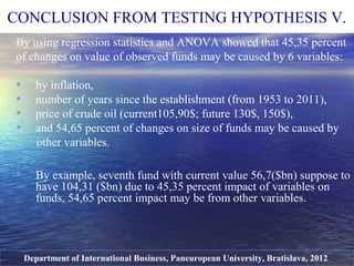 By using regression statistics and ANOVA showed that 45,35 percent
of changes on value of observed funds may be caused by 6 variables:
• by inflation,
• number of years since the establishment (from 1953 to 2011),
• price of crude oil (current105,90$; future 130$, 150$),
• and 54,65 percent of changes on size of funds may be caused by
other variables.
• By example, seventh fund with current value 56,7($bn) suppose to
have 104,31 ($bn) due to 45,35 percent impact of variables on
funds, 54,65 percent impact may be from other variables.
Department of International Business, Paneuropean University, Bratislava, 2012
CONCLUSION FROM TESTING HYPOTHESIS V.
 