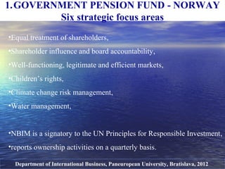 1.GOVERNMENT PENSION FUND - NORWAY
Six strategic focus areas
Department of International Business, Paneuropean University, Bratislava, 2012
•Equal treatment of shareholders,
•Shareholder influence and board accountability,
•Well-functioning, legitimate and efficient markets,
•Children’s rights,
•Climate change risk management,
•Water management,
•NBIM is a signatory to the UN Principles for Responsible Investment,
•reports ownership activities on a quarterly basis.
 