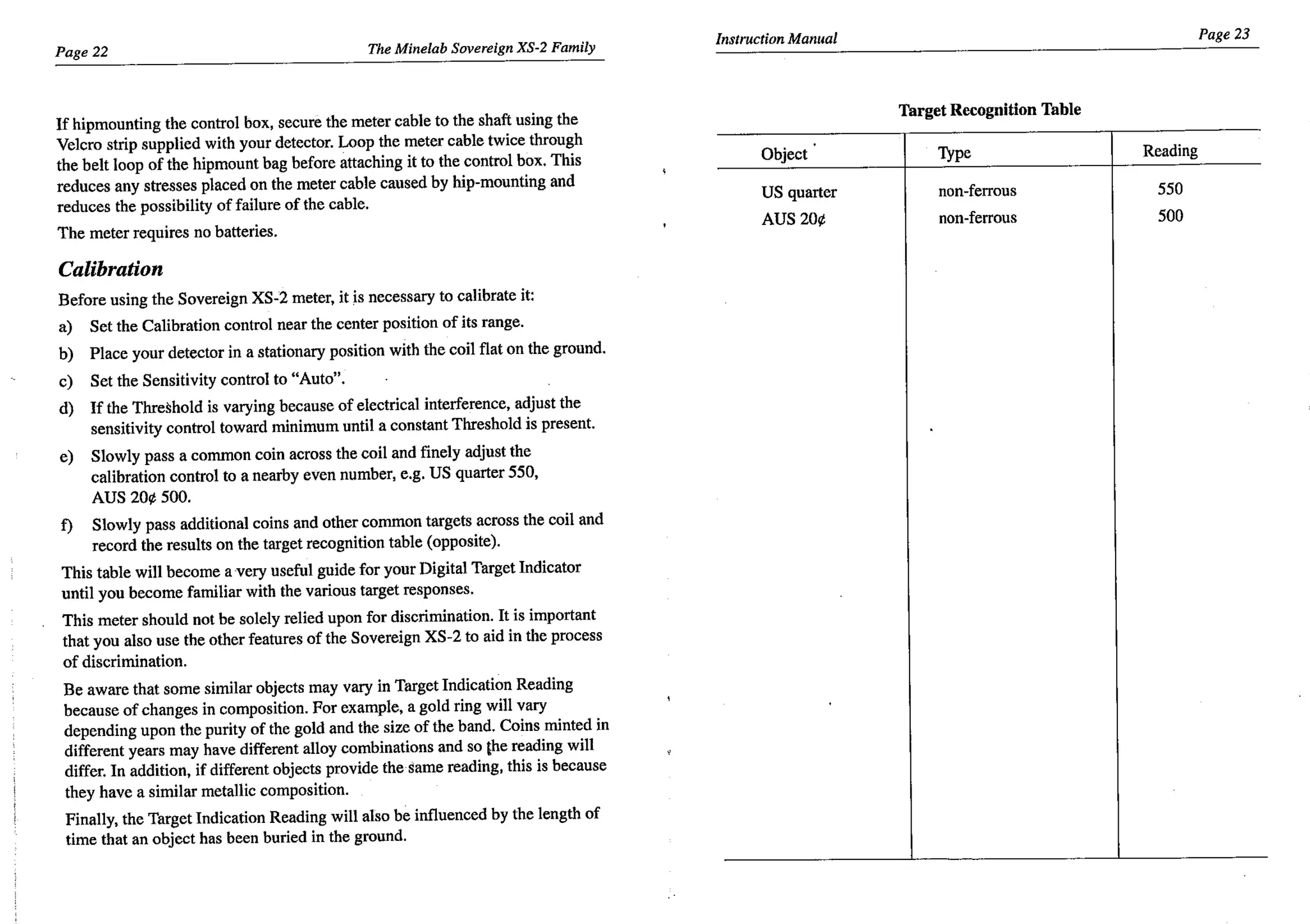 Instruction Manual Minelab Sovereign XS-2 & XS-2 Pro Metal Detector English Language