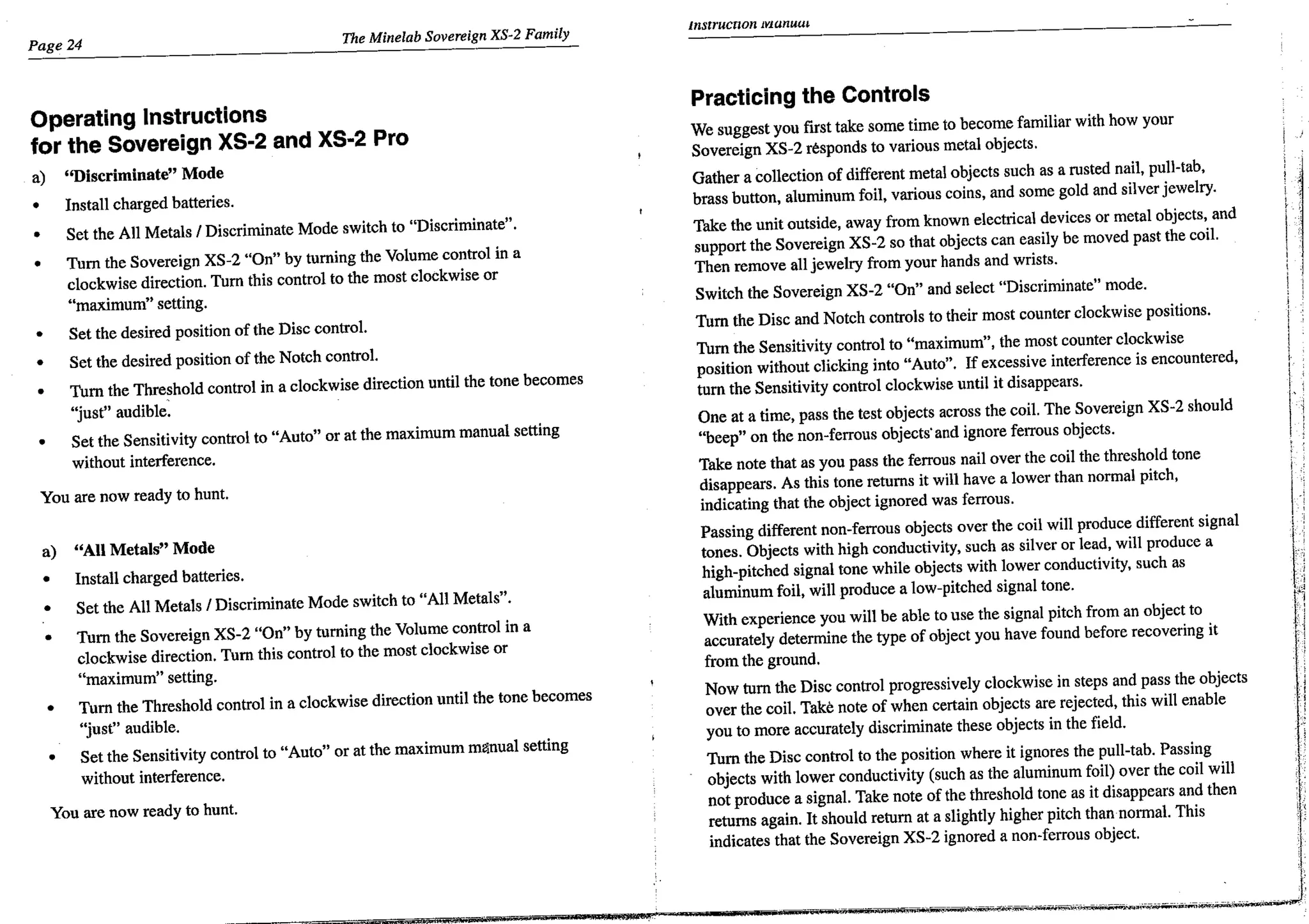 Instruction Manual Minelab Sovereign XS-2 & XS-2 Pro Metal Detector English Language