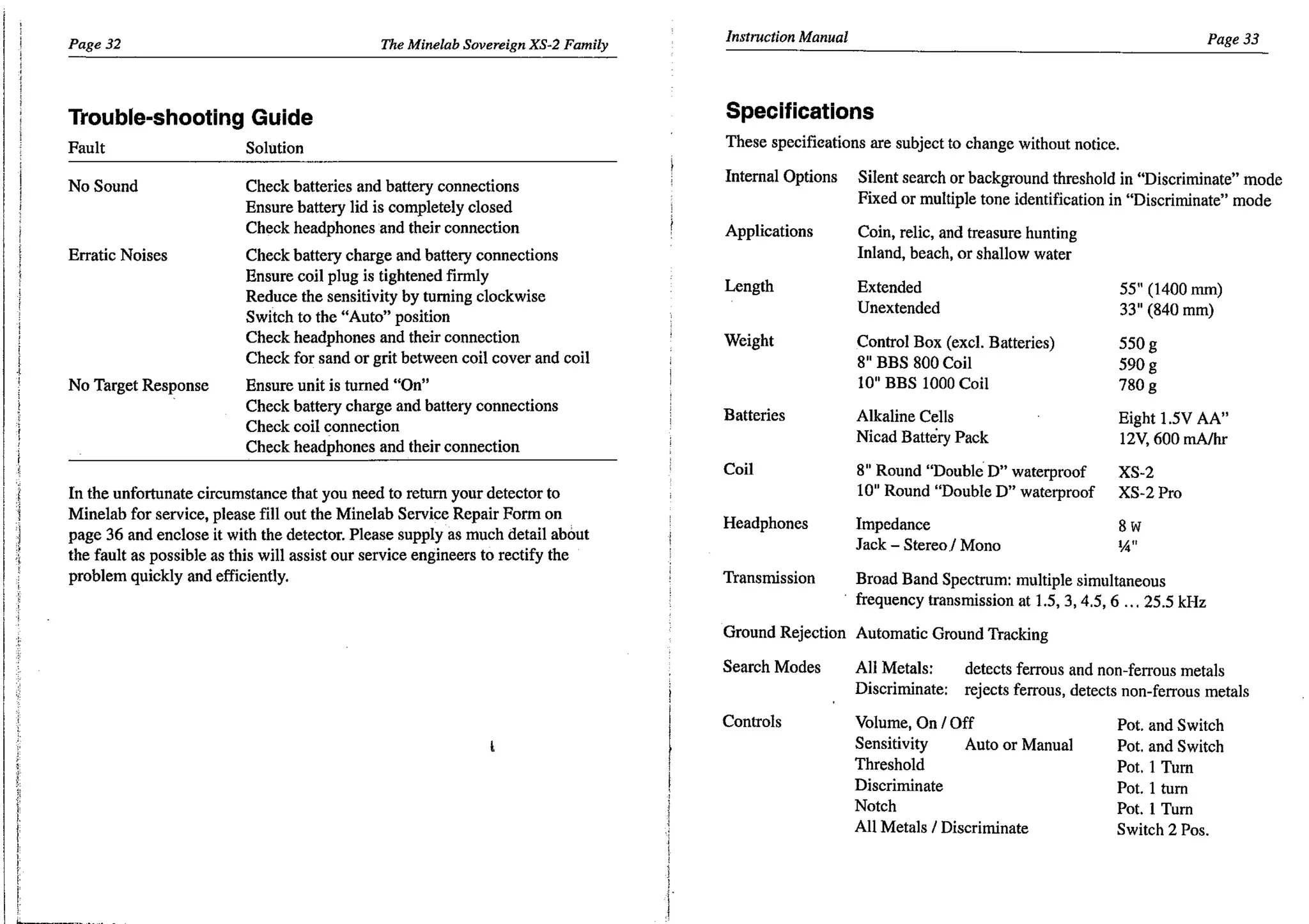 Instruction Manual Minelab Sovereign XS-2 & XS-2 Pro Metal Detector English Language