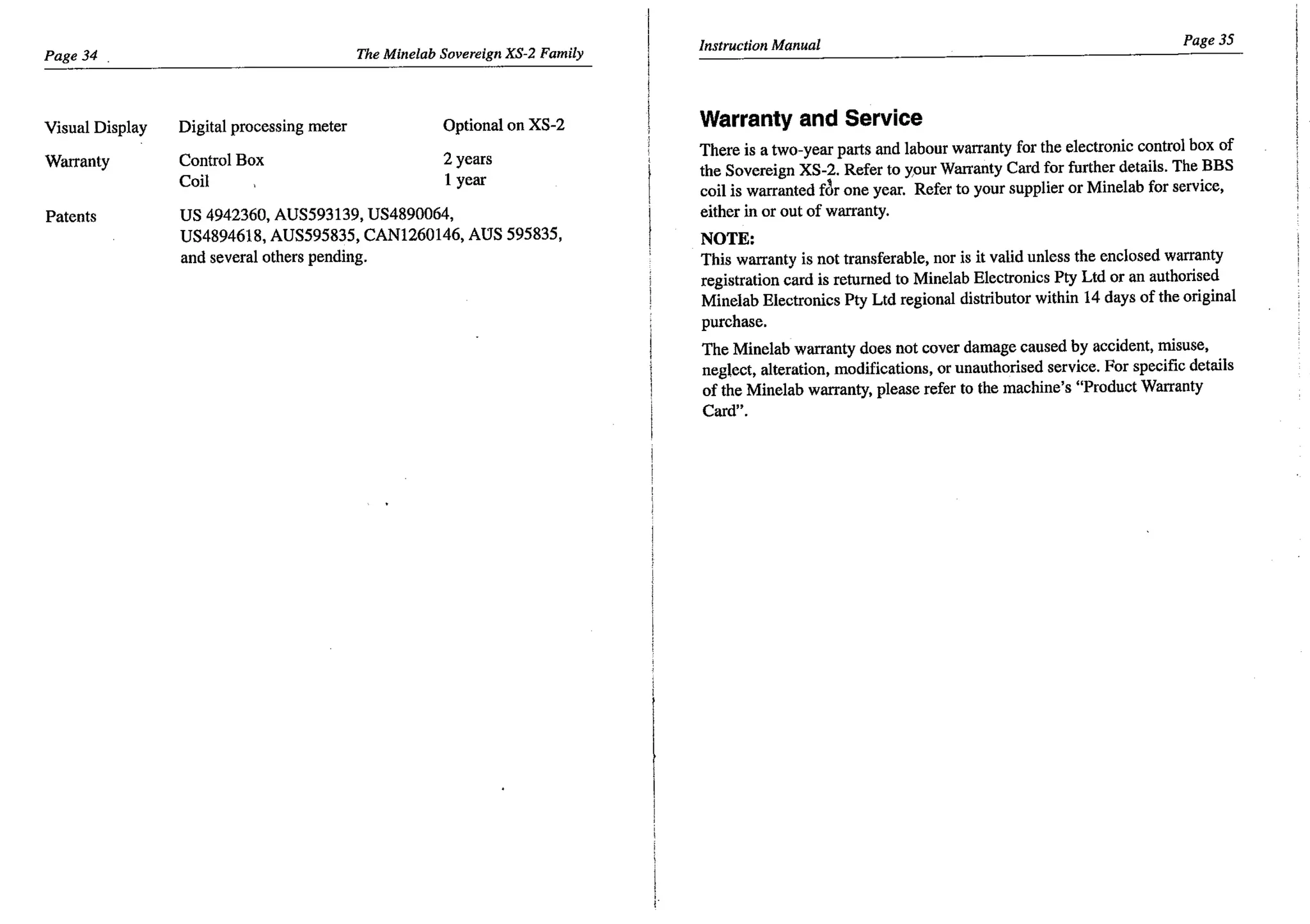 Instruction Manual Minelab Sovereign XS-2 & XS-2 Pro Metal Detector English Language