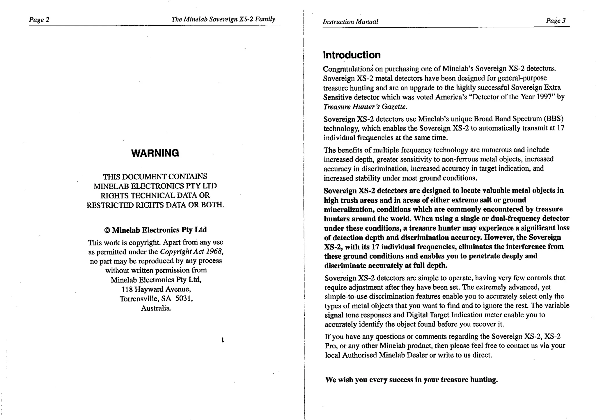 Instruction Manual Minelab Sovereign XS-2 & XS-2 Pro Metal Detector English Language