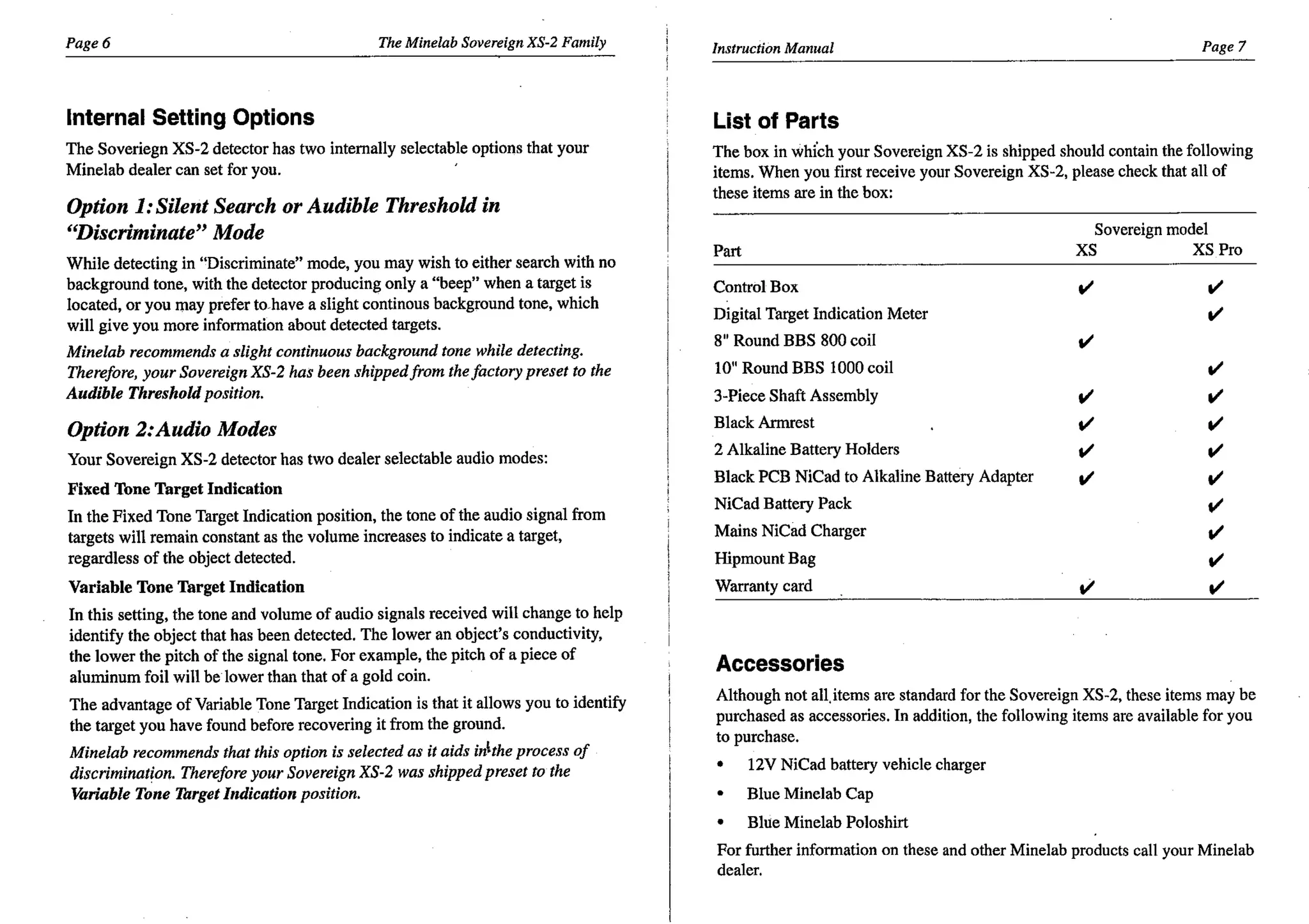 Instruction Manual Minelab Sovereign XS-2 & XS-2 Pro Metal Detector English Language