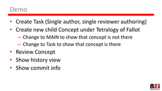 Demo
• Create Task (Single author, single reviewer authoring)
• Create new child Concept under Tetralogy of Fallot
– Change to MAIN to show that concept is not there
– Change to Task to show that concept is there
• Review Concept
• Show history view
• Show commit info
 