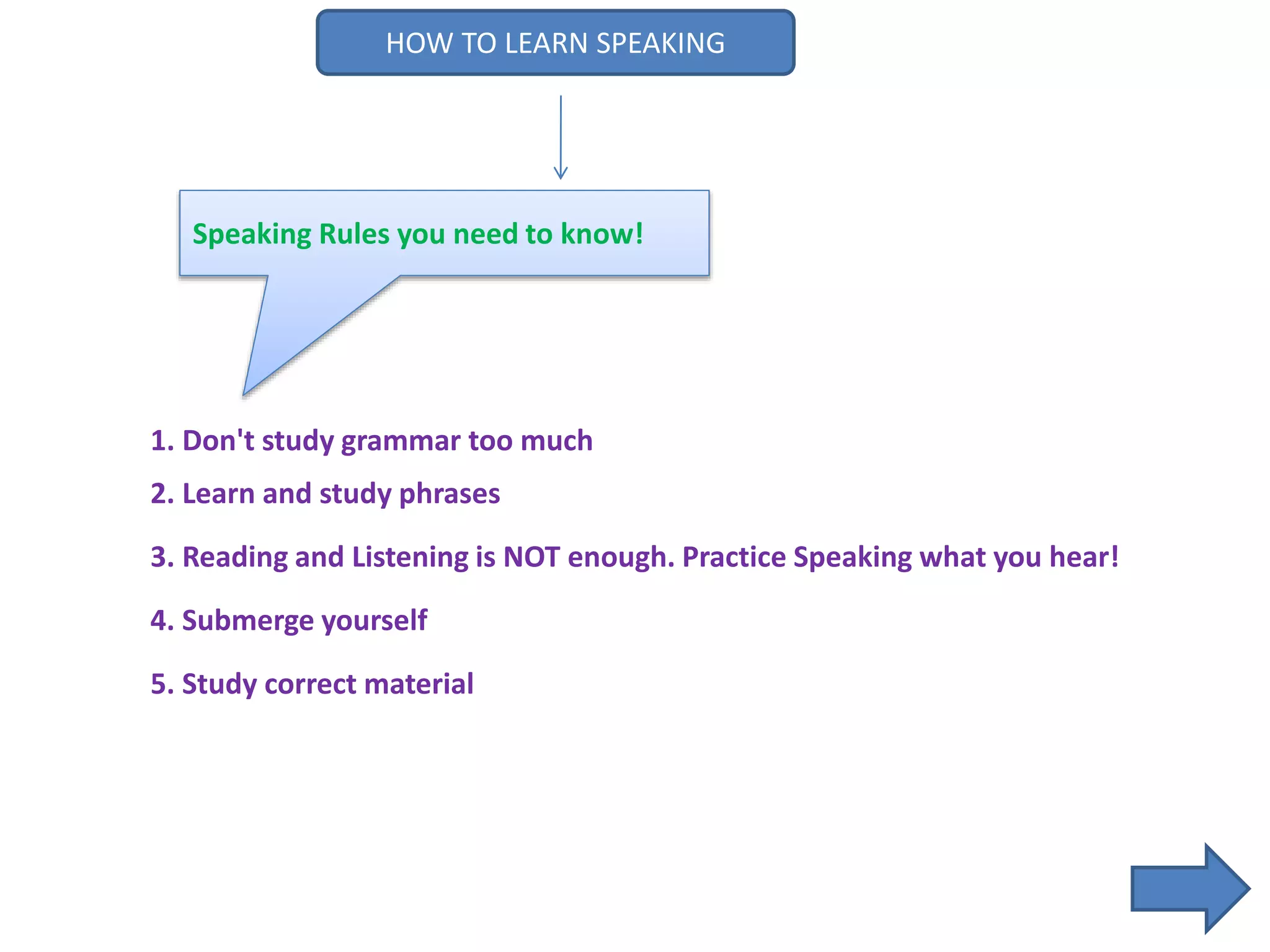 HOW TO LEARN SPEAKING
1. Don't study grammar too much
2. Learn and study phrases
3. Reading and Listening is NOT enough. Practice Speaking what you hear!
4. Submerge yourself
5. Study correct material
Speaking Rules you need to know!
 