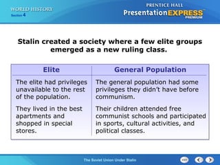 Section 4
The Soviet Union Under Stalin
Stalin created a society where a few elite groups
emerged as a new ruling class.
The elite had privileges
unavailable to the rest
of the population.
They lived in the best
apartments and
shopped in special
stores.
The general population had some
privileges they didn’t have before
communism.
Their children attended free
communist schools and participated
in sports, cultural activities, and
political classes.
Elite General Population
 