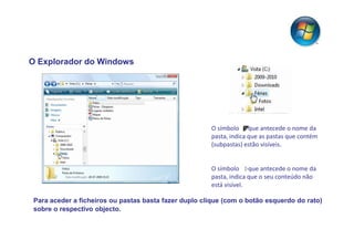 O Explorador do Windows




                                                       O símbolo que antecede o nome da
                                                       pasta, indica que as pastas que contém
                                                       (subpastas) estão visíveis.


                                                       O símbolo que antecede o nome da
                                                       pasta, indica que o seu conteúdo não
                                                       está visível.

 Para aceder a ficheiros ou pastas basta fazer duplo clique (com o botão esquerdo do rato)
 sobre o respectivo objecto.
 