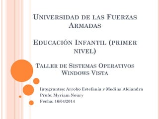 UNIVERSIDAD DE LAS FUERZAS
ARMADAS
EDUCACIÓN INFANTIL (PRIMER
NIVEL)
TALLER DE SISTEMAS OPERATIVOS
WINDOWS VISTA
Integrantes: Arrobo Estefanía y Medina Alejandra
Profe: Myriam Noury
Fecha: 16/04/2014
 