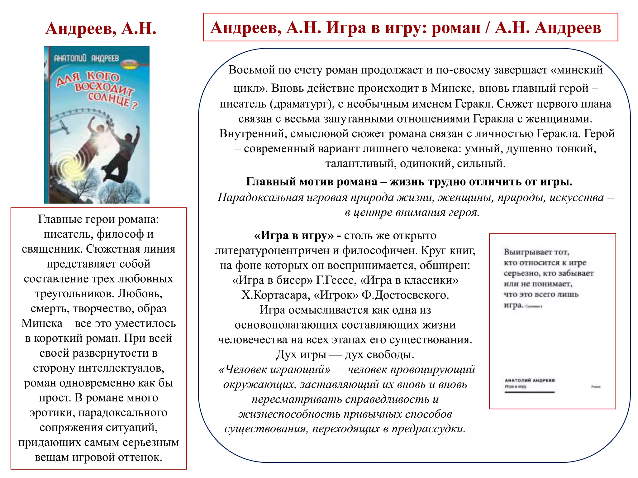 Главные герои романа:
писатель, философ и
священник. Сюжетная линия
представляет собой
составление трех любовных
треугольников. Любовь,
смерть, творчество, образ
Минска – все это уместилось
в короткий роман. При всей
своей развернутости в
сторону интеллектуалов,
роман одновременно как бы
прост. В романе много
эротики, парадоксального
сопряжения ситуаций,
придающих самым серьезным
вещам игровой оттенок.
«Игра в игру» - столь же открыто
литературоцентричен и философичен. Круг книг,
на фоне которых он воспринимается, обширен:
«Игра в бисер» Г.Гессе, «Игра в классики»
Х.Кортасара, «Игрок» Ф.Достоевского.
Игра осмысливается как одна из
основополагающих составляющих жизни
человечества на всех этапах его существования.
Дух игры — дух свободы.
«Человек играющий» — человек провоцирующий
окружающих, заставляющий их вновь и вновь
пересматривать справедливость и
жизнеспособность привычных способов
существования, переходящих в предрассудки.
Восьмой по счету роман продолжает и по-своему завершает «минский
цикл». Вновь действие происходит в Минске, вновь главный герой –
писатель (драматург), с необычным именем Геракл. Сюжет первого плана
связан с весьма запутанными отношениями Геракла с женщинами.
Внутренний, смысловой сюжет романа связан с личностью Геракла. Герой
– современный вариант лишнего человека: умный, душевно тонкий,
талантливый, одинокий, сильный.
Главный мотив романа – жизнь трудно отличить от игры.
Парадоксальная игровая природа жизни, женщины, природы, искусства –
в центре внимания героя.
Андреев, А.Н. Андреев, А.Н. Игра в игру: роман / А.Н. Андреев
 