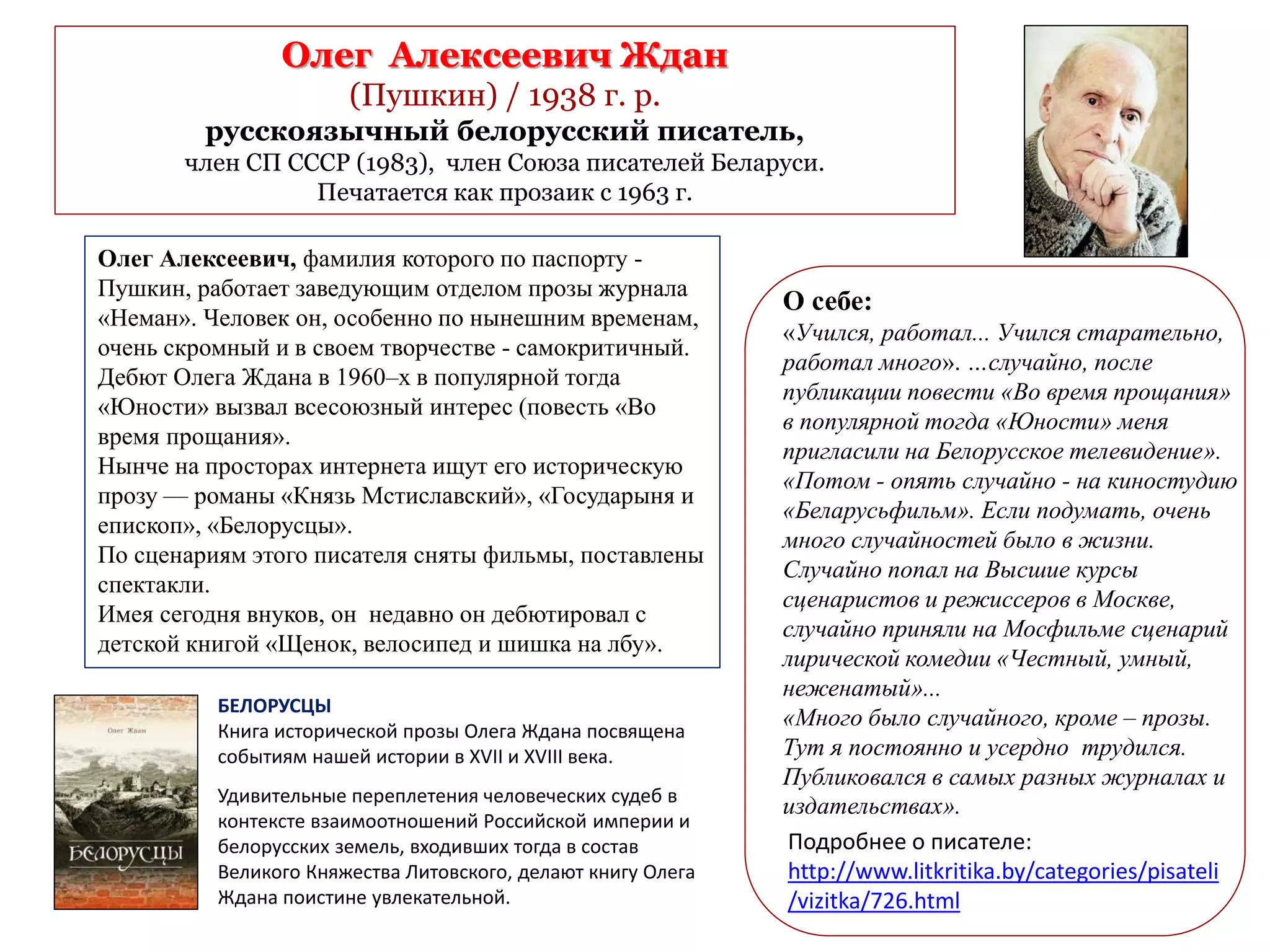 Олег Алексеевич Ждан
(Пушкин) / 1938 г. р.
русскоязычный белорусский писатель,
член СП СССР (1983), член Союза писателей Беларуси.
Печатается как прозаик с 1963 г.
О себе:
«Учился, работал... Учился старательно,
работал много». …случайно, после
публикации повести «Во время прощания»
в популярной тогда «Юности» меня
пригласили на Белорусское телевидение».
«Потом - опять случайно - на киностудию
«Беларусьфильм». Если подумать, очень
много случайностей было в жизни.
Случайно попал на Высшие курсы
сценаристов и режиссеров в Москве,
случайно приняли на Мосфильме сценарий
лирической комедии «Честный, умный,
неженатый»...
«Много было случайного, кроме – прозы.
Тут я постоянно и усердно трудился.
Публиковался в самых разных журналах и
издательствах».
Подробнее о писателе:
http://www.litkritika.by/categories/pisateli
/vizitka/726.html
БЕЛОРУСЦЫ
Книга исторической прозы Олега Ждана посвящена
событиям нашей истории в XVII и XVIII века.
Удивительные переплетения человеческих судеб в
контексте взаимоотношений Российской империи и
белорусских земель, входивших тогда в состав
Великого Княжества Литовского, делают книгу Олега
Ждана поистине увлекательной.
Олег Алексеевич, фамилия которого по паспорту -
Пушкин, работает заведующим отделом прозы журнала
«Неман». Человек он, особенно по нынешним временам,
очень скромный и в своем творчестве - самокритичный.
Дебют Олега Ждана в 1960–х в популярной тогда
«Юности» вызвал всесоюзный интерес (повесть «Во
время прощания».
Нынче на просторах интернета ищут его историческую
прозу — романы «Князь Мстиславский», «Государыня и
епископ», «Белорусцы».
По сценариям этого писателя сняты фильмы, поставлены
спектакли.
Имея сегодня внуков, он недавно он дебютировал с
детской книгой «Щенок, велосипед и шишка на лбу».
 