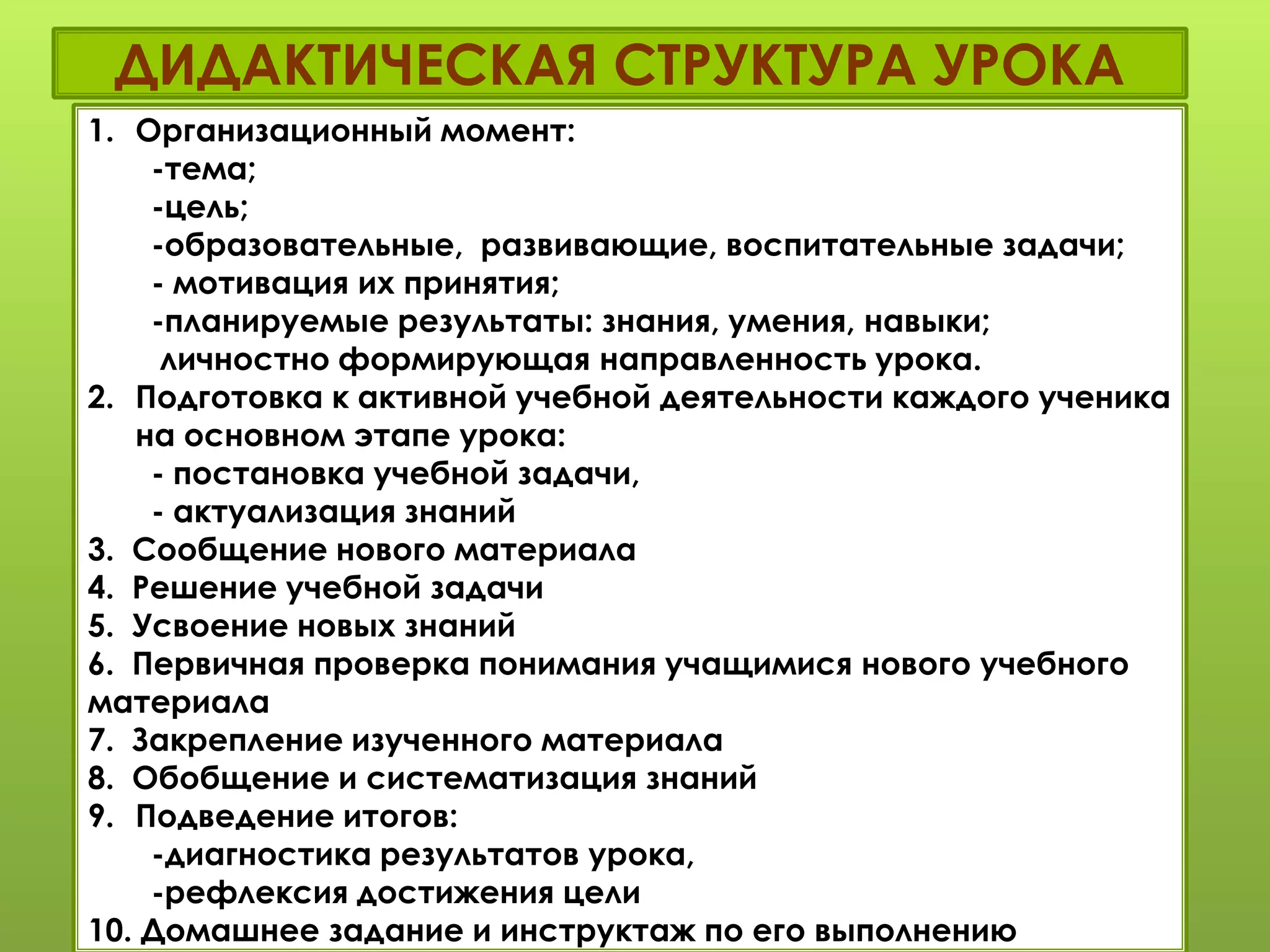 ДИДАКТИЧЕСКАЯ СТРУКТУРА УРОКА
1. Организационный момент:
-тема;
-цель;
-образовательные, развивающие, воспитательные задачи;
- мотивация их принятия;
-планируемые результаты: знания, умения, навыки;
личностно формирующая направленность урока.
2. Подготовка к активной учебной деятельности каждого ученика
на основном этапе урока:
- постановка учебной задачи,
- актуализация знаний
3. Сообщение нового материала
4. Решение учебной задачи
5. Усвоение новых знаний
6. Первичная проверка понимания учащимися нового учебного
материала
7. Закрепление изученного материала
8. Обобщение и систематизация знаний
9. Подведение итогов:
-диагностика результатов урока,
-рефлексия достижения цели
10. Домашнее задание и инструктаж по его выполнению
 