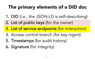1. DID (i.e., the JSON-LD is self-describing)
2. List of public keys (for the owner)
3. List of service endpoints (for interaction)
4. Access control branch (for key mgmt)
5. Timestamps (for audit history)
6. Signature (for integrity)
12
The primary elements of a DID doc
 