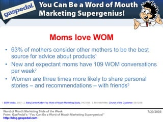 Moms love WOM 7/30/2008 ,[object Object],[object Object],[object Object],1.  BSM Media , 2007;  2.  BabyCenter/Keller-Fay Word of Mouth Marketing Study ,  04/21/08;  3. Michele Miller,  Church of the Customer , 05/12/08   
